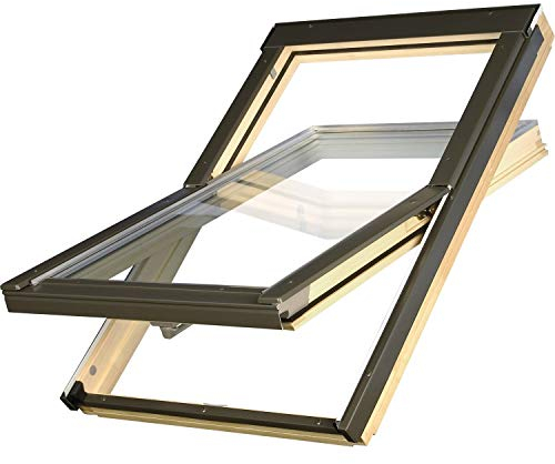 Günstige Dachfenster 66x98 OptiLight B von FAKRO Konzern | Holz klar lackiert | Schwingfenster mit 2-fach Verglasung | U-Wert Fenster: 1.3 | inkl. Eindeckrahmen