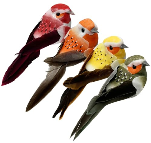 4pcs Artificial Birds Clip on Bird Ornaments with Feathers for Spring Christmas Tree Decoration, Arts & Crafts and Floral Arrangements (Model-4S05)