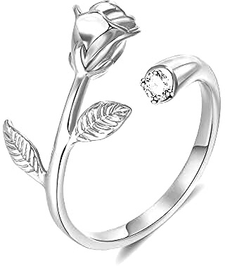 24 JOYAS Anillo Flor Rosa plateada con brillante de bristal ajustable – Alianza símbolo de amor para mujer, enamorados, compromiso, aniversario o regalo romántico