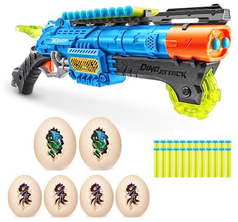 XSHOT Dino Attack Claw Hunter Fléchettes en Mousse (24 fléchettes, 2 œufs Moyens, 4 Petits œufs), Bleu Jouet Blaster