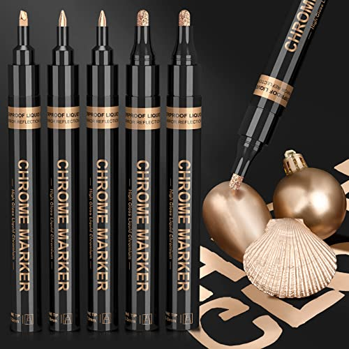 KERIFI Kupfer Metallische Stifte, Kunst Flüssige Kupfer Chrom Marker, Kupferstifte Kupferstifte Permanent, Ausbesserungs-Reparatur Lackstift für Modell Stein Metall Glas Kunststoff (5er Pack, 1-3mm)