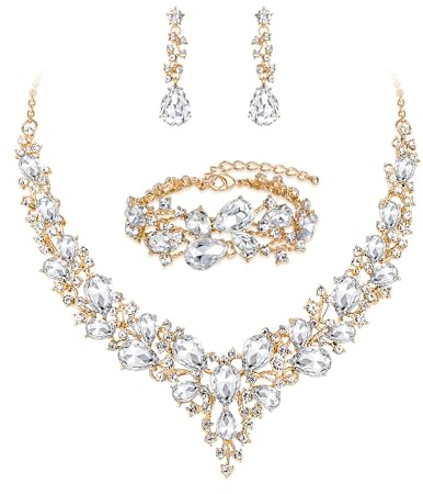 Ever Faith Wedding Bridal Jewellery Sets for Women, Sparkly Rhinestone Crystal Floral Teardrop Cluster Statement Necklace Dangle Drop Earrings Bracelet Set 3 Pcs Costume Jewelry Clear Gold-Tone