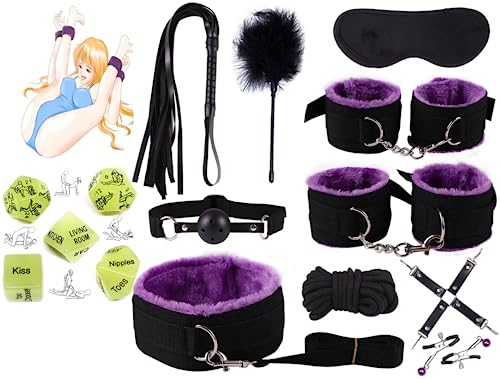 DYNLAB Spielzubehör Für Paare, Lila Nylon, 10-teiliges Set + 5 Im Dunkeln Leuchtenden Würfel