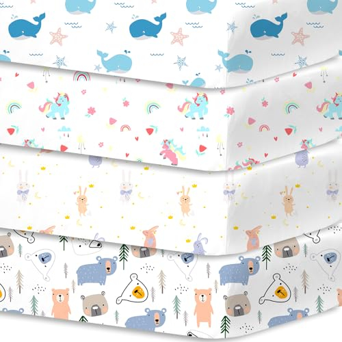 Spannbettlaken Spannbetttücher für Babybetten Kinderbett, atmungsaktives Mikrofaser Matratzenbettlaken, Oeko-TEX Zertifiziert, 60x120cm, 4er, Wal/Einhorn/Häschen/Bär