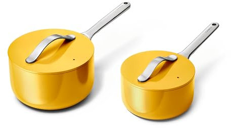 Caraway Nonstick Ceramic Sauce Pans with Lids (3 qt & 1.75 qt) - Non Toxic, PTFE & PFOA Free - Oven Safe & Compatible with All Stovetops (Gas, Electric & Induction) - Marigold