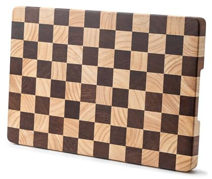 Bill.F Wooden Chopping Board 36x24x2.5cm with Checkerboard Pattern and Inner Side Handles, Cutting Board Ideal for Carving Meat, Cutting Vegetables, Cheeses and Bread