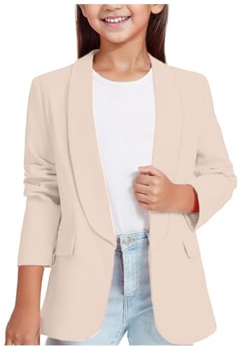 Mädchen Blazer Frühling Herbst Langarm Anzugjacke Formale Offene Front Anzugjacke mit Innentasche Kinder British Style Herbstjacke Mantel für Kinder 3-14 Jahre (Beige, 11-12 Years)