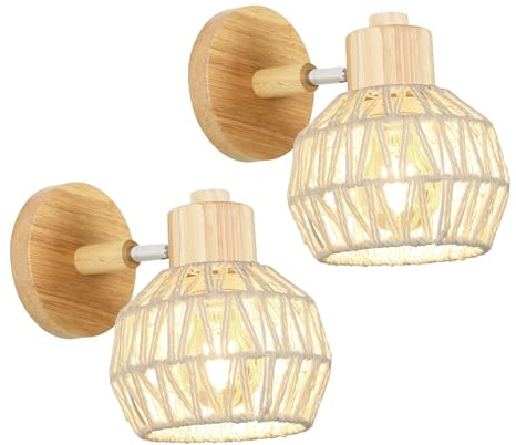 DELIPOP 2 Pack Applique Murale Intérieure Bois, E27 Vintage Lampe Murale en Rotin, Cage Luminaire Interieur pour Salon Chambre Couloir Restaurant