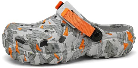 SECHRITE Mens Athletic Sports Clogs Garden Shoes Rubber EVA Mules Slip on Waterproof Summer Water Beach Clogs Slippers Sandals Breathable Graphic Garden Shoes with Adjustable Back Strap Grey Orange 42