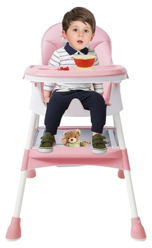 2 en 1 Chaise Haute Bébé avec Repose-pieds, Ceinture de Sécurité et Set de Couverts Chaise Haute Bébé Evolutive Hauteur Réglable et Pliable pour 6mois-6ans, pour Familles, Hôtels, Restaurants (Rose)