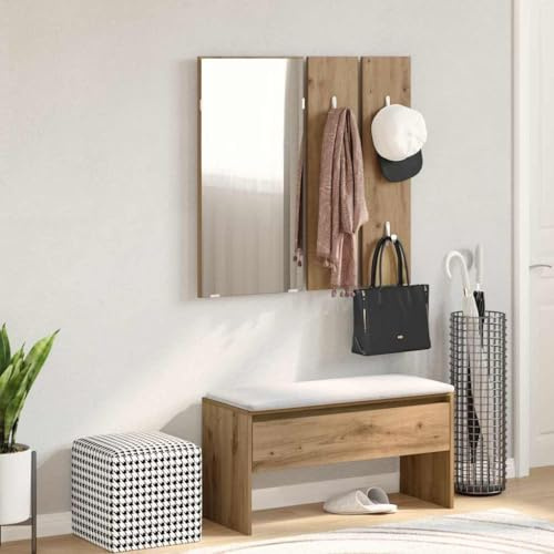 Mandloder Garderoben-Set Artisan-Eiche Holzwerkstoff, Flurmöbel mit Spiegel, Bank & Haken, 80 cm breit, Feuchtigkeitsbeständig, für Eingangsbereich & Flur