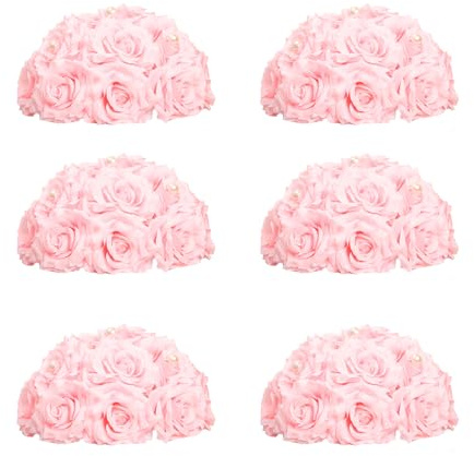 BloomTrend Flower Centerpieces for Wedding Tables: 6 Pcs 9.5 inch Diameter Pearl Inlaid Pink Silk Rose Artificial Flower Ball for Weddings Party Birthday Bridal Shower Decorations