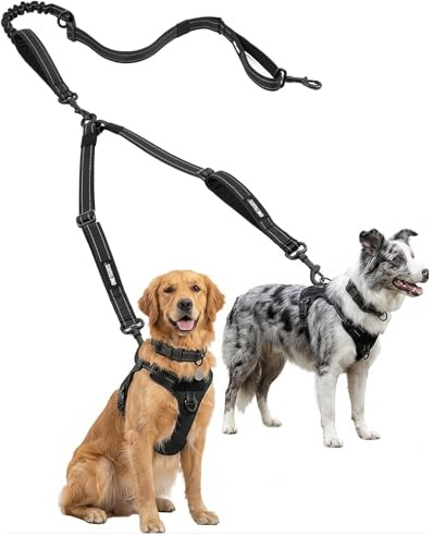 OneTigris Dubbla koppel för 2 hundar, multifunktionellt hundkoppel, inget trassel, 4 kontrollhandtag, elastisk dämpning justerbara i flera steg, reflektorer – 162–215 cm