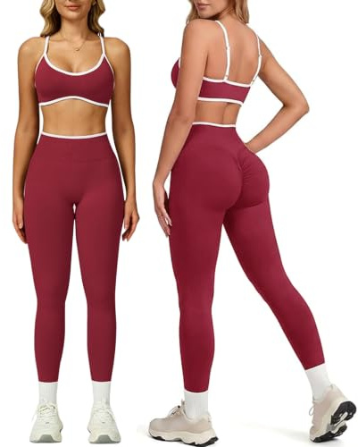 Xunerloy Women's Seamless Yoga Set 2 Piece, High Waisted Scrunch Bum Leggings with Contrast Colour Crop Top, Burgundy Activewear Set for Gym, Pilates, Running