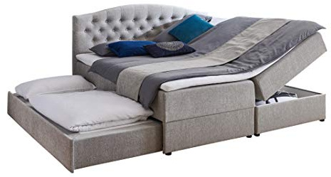 Atlantic Home Collection Boxspringbett LOTTE, 180x200 cm, inklusive zweiteiliger Matratze (Härtegrad H2), Topper, Bettkasten (rechts) und ausziehbares Gästebett, grau