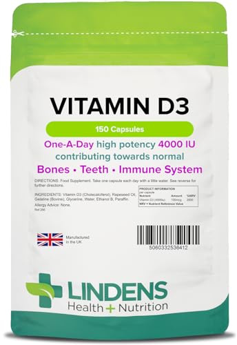 Lindens Vitamin D3 4000IU - 150 High Strength Capsules - Supports Healthy Immune System & Calcium Absorption - One-A-Day Capsule - 5 Month Supply - UK Manufacturer & Letterbox Friendly