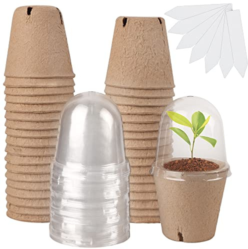 winemana 36 Set Plant Nursery Pots with Humidity Dome, Seed Starter Biodegradable Peat Pots, Seedlings Planting Pots with Labels for Indoor Outdoor Garden