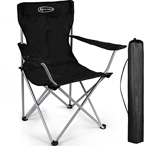 ACTIVE FOREVER Folding Camping Chairs, Outdoor Portable Garden Folding Camp Chair with Cup Holder - Lightweight 2.2kg, Comfortable Beach Chair for Camping, Fishing, Parties, Barbecue - Black