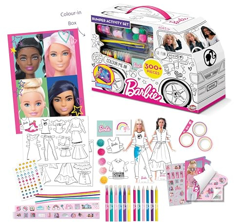 BLADEZ Barbie Bumper Activity Set – Arts and Crafts for Kids 300+ Pieces, Colour-in Camper Van, Licensed Stationery, Pens, Stickers, Pom Poms, Cardboard Dolls – Craft Kits for Kids, Maker Kitz Toyz