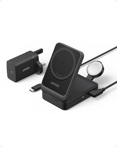 MagSafe Charger Compatible, Anker MagGo 3-in-1 Wireless Charging Station, Qi2 Certified 15W Wireless Stand, Apple Watch Charger for MagSafe, For iPhone 15, AirPods (40W USB C Plug Included)