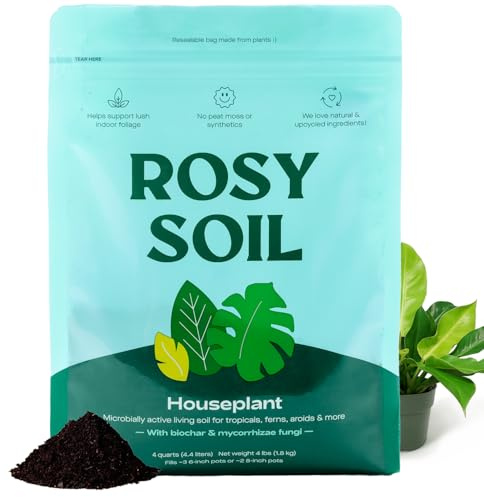 Rosy Soil Indoor Potting Soil for House Plants - Organic Potting Soil Mix for Indoor Plants - Enriched w/Root-Boosting Biochar for Foliage Plants, Flowers, Herbs - Peat Free, Less Prone to Gnats - 4qt