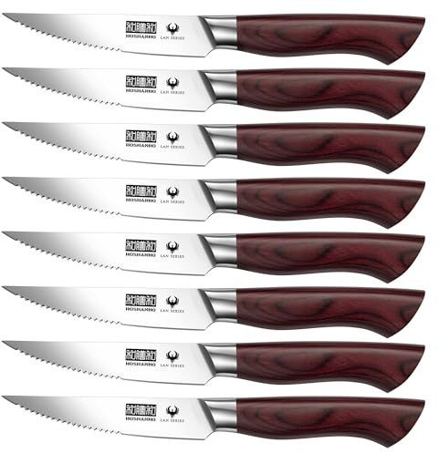 HOSHANHO Steakmesser Set 8-teilig, Rostfreier Hochkohlenstoff-Edelstahl Sehr Scharfe Fleischmesser Steakbesteck für Heim und Restaurant