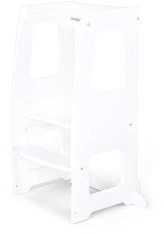 babybay Lernturm Littlefoot, maximale Kippsicherheit durch massives Buchenholz, Förderung der Motorik, dreifach höhenverstellbar, ergonomischer Einstieg, Aussparung für Küchengriffe, weiß lackiert