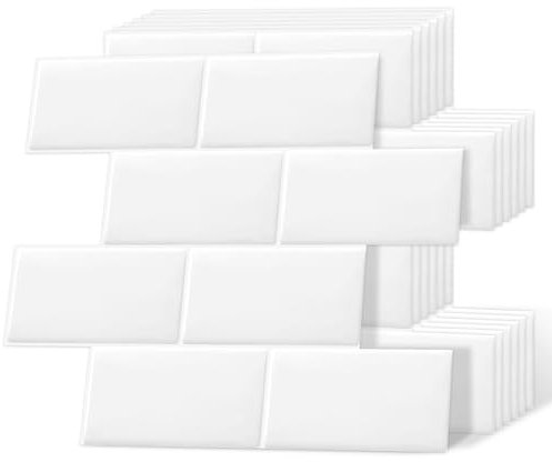 DEWOO Autoadhesivos Azulejos Baldosas Adhesivas Pared Adhesivos Metro Ladrillo 3d Cocina Baño Blanco,10-Piezas (32 x 27cm)