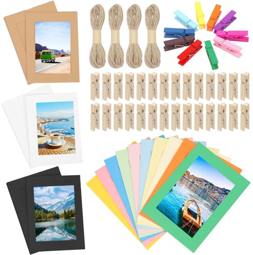 Keadic 84PCS 7 Inches Paper Picture Frames 4 Colors Cardboard Photo Frame with Wooden Clips and Strings Photo Display Banner for Home Office Wedding Party Decor