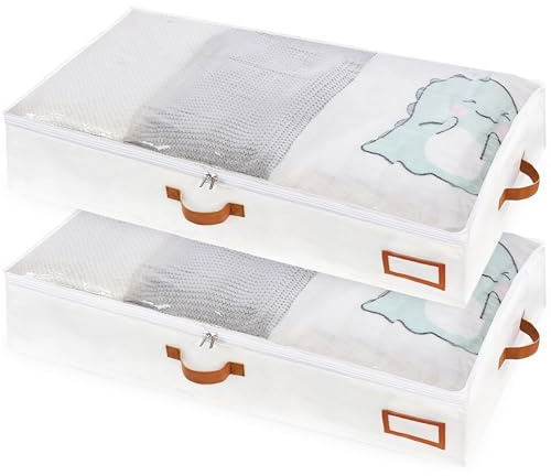 MEKOTRIN Caja de Almacenamiento Bajo Cama Impermeable, con Tapa Transparente, Manijas de Cuero, Bolsa Plegable para Ropa, Mantas, Zapatos (Grande 48L 13,1 X 12,2 X 18,5 pulgadas)