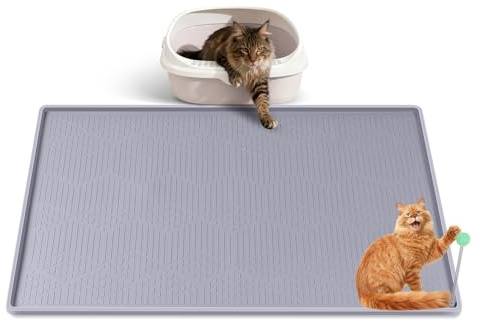 Bartuke 86x56CM Tappetino Lettiera Gatto Silicio con Bacchetta giocattolo per gatti, Tappeto per lettiera gatto grande impermeabile lavabile per raccogliere la lettiera gatti(grigio chiaro)