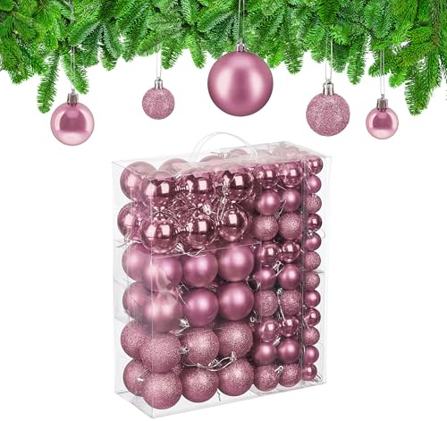 Relaxdays Weihnachtskugeln im 138er Set, Kunststoff, glitzernde, Matte, glänzende Baumkugeln, Christbaumschmuck, rosa
