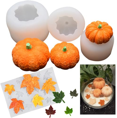 pekifaves 4 pièces moules en silicone en forme de citrouille, feuille d'érable, moules en silicone 3D pour bougies, automne, Halloween, Thanksgiving, pour bougies, savons, artisanat