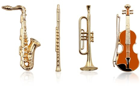 Lot de 4 broches en métal doré pour trompette, violon, clarinette, saxophone sur le thème de la musique, pour homme, femme, chemise, écharpe, robe, costume, sac, accessoires de décoration, cadeau de