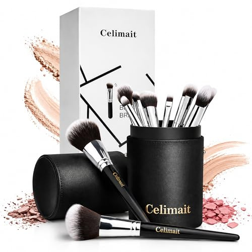 CELIMAIT Makeup Brushes Set with Travel Case, Soft Synthetic Bristles Makeup Brush Kit for Foundation Powder Blush Eyeshadow Concealer, Face Eye Brushes for Daily Use Travel Beginner Friendly, 12PCS