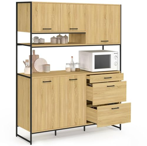 IDMarket - Buffet casserolier de Cuisine 140 cm Detroit 5 Portes + 3 tiroirs Design Industriel