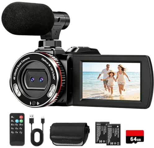 LZHIOs 4K Camcorder, 64MP Video Camera with External Mic, UHD Vlogging Camera with 21X Digital Zoom, 120° Wide Angle Lens, Remote, 64GB Card & 2 Batteries for YouTube Family Travel Recording