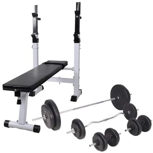 QUAHEAS Hantelbänk med hylla och justerbar stålkonstruktion 120 x 50 x 11 cm, skivstång och hantel set 90 kg med skivor av cement, träningsutrustning för styrketräning