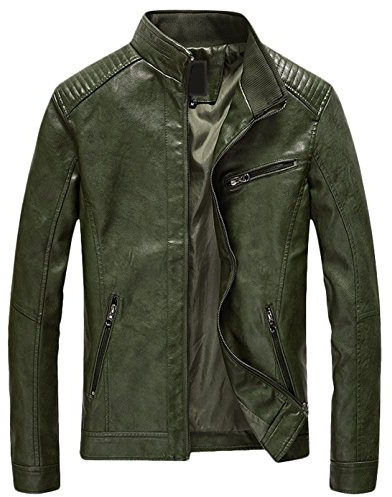 Youhan Men's Casual Zip Up Slim Bomber Faux Leather Jacket (Large, Army Green)