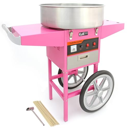 KuKoo Gastro macchina per zucchero filato ZUCCHERO FILATO dispositivo zucchero filato include Coordinato carrello con 2 ruote e cassetto gratis 500 Bastoncini di zucchero filato in legno