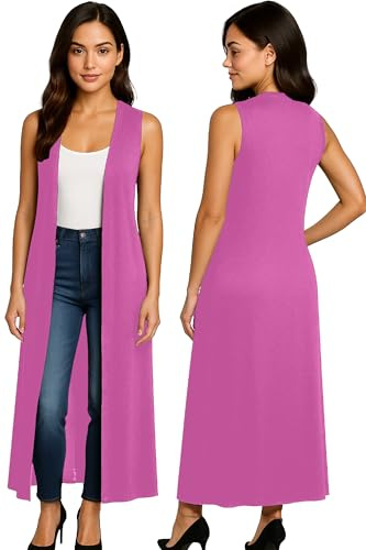 Re Tech UK - Ladies Sleeveless Cardigan | Womens Summer Lightweight Longline Waistcoat | Waterfall Open Front Maxi Cardigan | Thin Boyfriend Cardigans for Women UK (20-22 XXL Hot Pink)