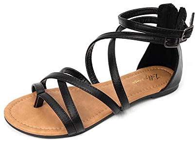 Luffymomo Women's Gladiator Strap Sandals Flat Fisherman Thong Cross Strappy Sandals（9 M US BLACK）