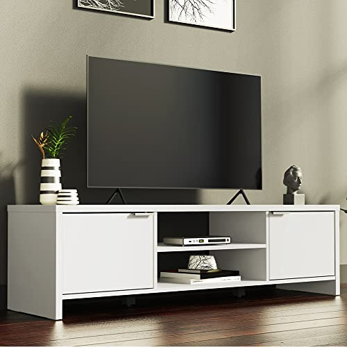 Madesa TV Stand with Cabinet Storage and Open Shelves for 55, 65 Inch Media Storage Gaming Media Console Living Room Entertainment Center Wooden Television Cabinet - White