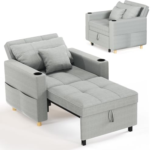 YODOLLA 3-in-1 Pull Out Sleeper Chair Bed 97cm Single Sofa Armchair,Grey