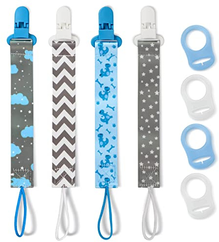 4 Pack Pacifier Holder Clips for Boys, Dummy Clips Boys with Adapters, Silicone Binky Clips for Baby Teething Toys Baby Shower