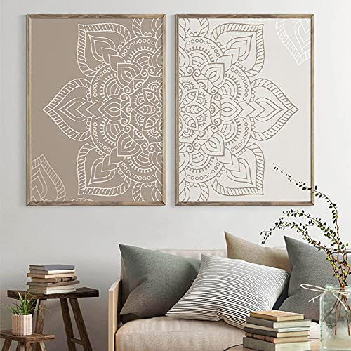2 Pezzi, Stampa su tela, Poster da parete, Colori neutri beige mandala floreale Quadro su tela, Quadri camera da letto, Arredamento Yoga Zen Quadri moderni soggiorno cucina (Non incorniciato)