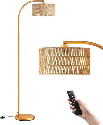 EDISHINE Arc Floor Lamp, Dimmable Standing Lamp with Remote Control, Rattan Lampshade, Boho Floor Lamps for Living Room Bedroom Office, Multiple Color Temps, LED Bulb Included, Gold