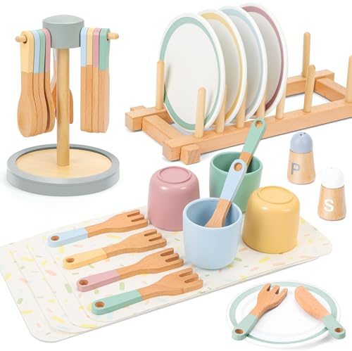 Charmofun Accesorios de Cocinita de Madera Infantil, 34 Piezas Accesorios de Cocina Juguete con Platos y Vajilla, Juegos de rol Regalo para Niñas y Niños de 3+ Años (Color-1)