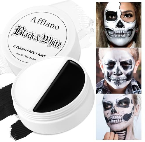 Afflano Maquillage Halloween Peinture Visage Noir Blanc, Black White Face Paint 76g, Festival Cosplay Fond De Teint Blanc,Trucco Vampiro Clown SFX Partie Art Théâtre Zombie Joker Visage Corps Peinture