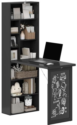 HOMCOM Scrivania con Libreria e Lavagna, Scrivania Salvaspazio con Piano Pieghevole in Legno di Pino, Tavolo da Lavoro con Ripiani Regolabili, per Cameretta, Studio, Ufficio, 98x51x153 cm, Nero
